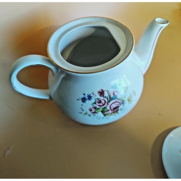 Sadler England Bone China 4 Cup Tea Pot Rose Basket Bouquet 1950's - Picture 8 of 12